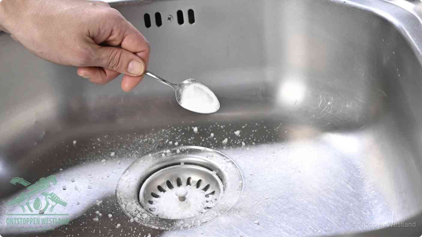 Een hand strooit met een lepel soda in de afvoer van een roestvrijstalen spoelbak, de soda en azijn huismiddel-methode om de afvoer te ontstoppen in Westland