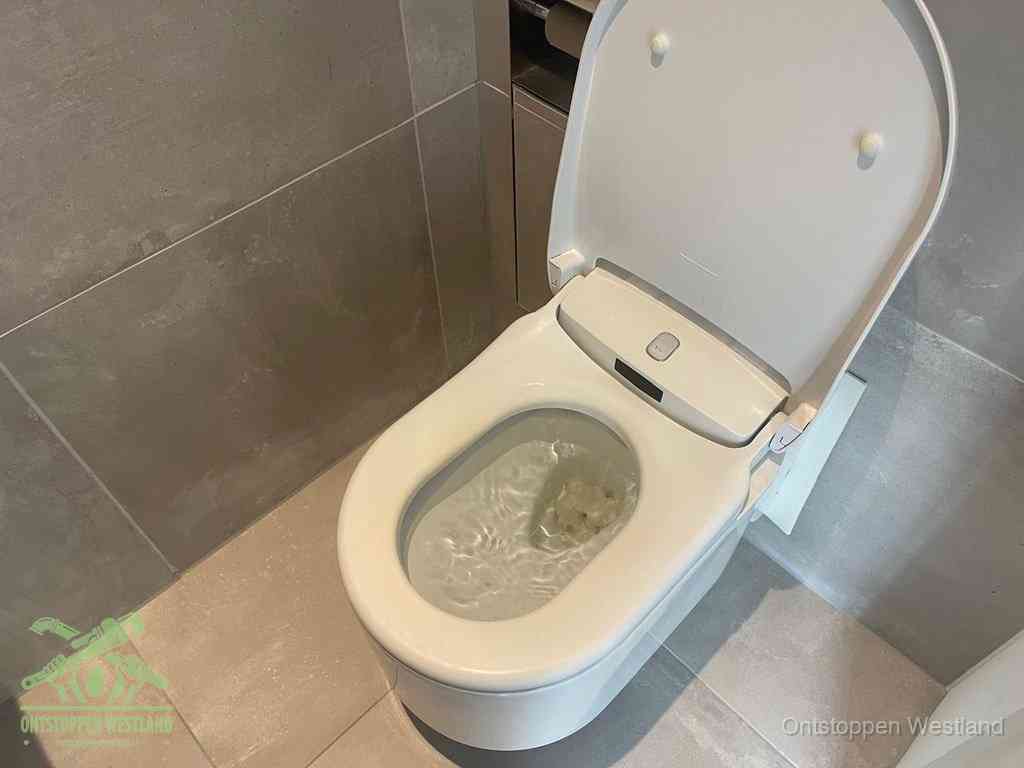 Een toiletpot vol troebel water met drijvend papier en restanten, de meest voorkomende oorzaak van een verstopte wc in Westland