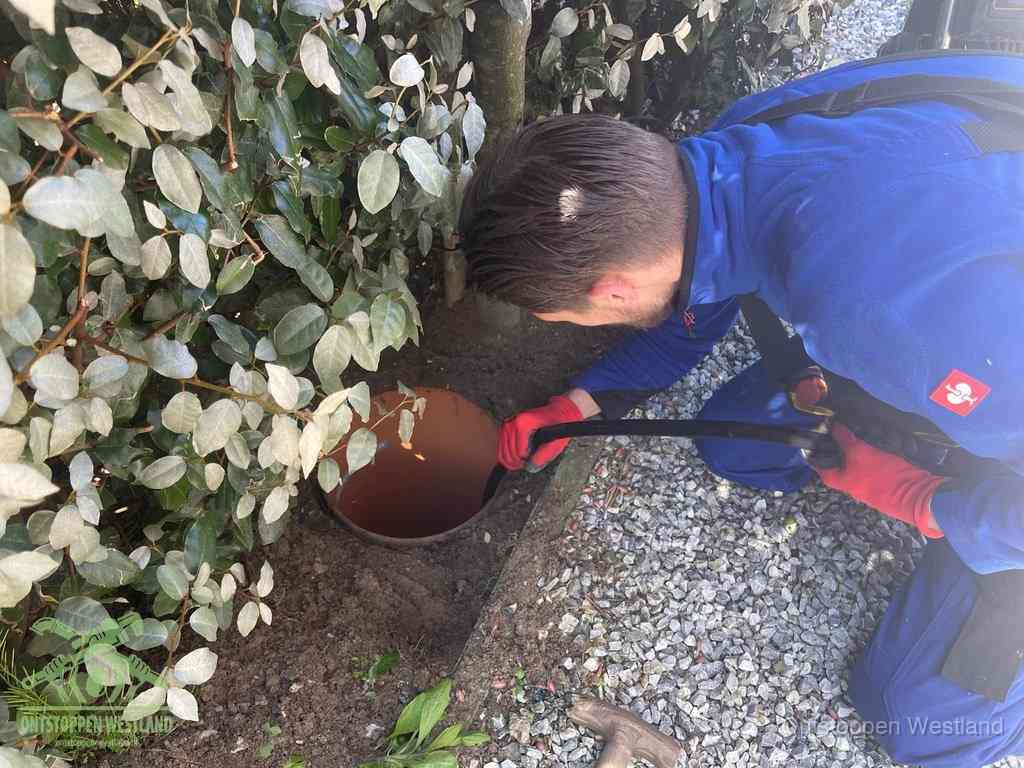 Monteur reinigt een rioolput met een slang, periodieke rioolreiniging in Westland